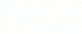 We refined, organized, archived, digitized and renamed all the historical information of Motor GT (a driving school located in the city of Bogotá). There, we proposed fitted alternatives to the business, obtaining as result the implementation of a new organizational culture, with which greater efficiency was achieved when managing, storing and sharing information.